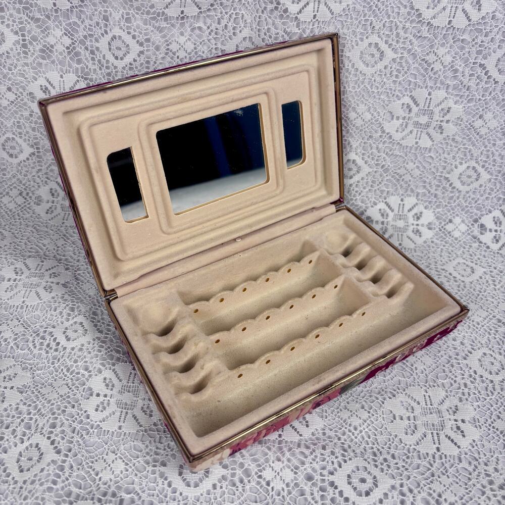 Vintage Floral Fabric Covered Jewelry Box Organizer with Mirror & Ring Holder